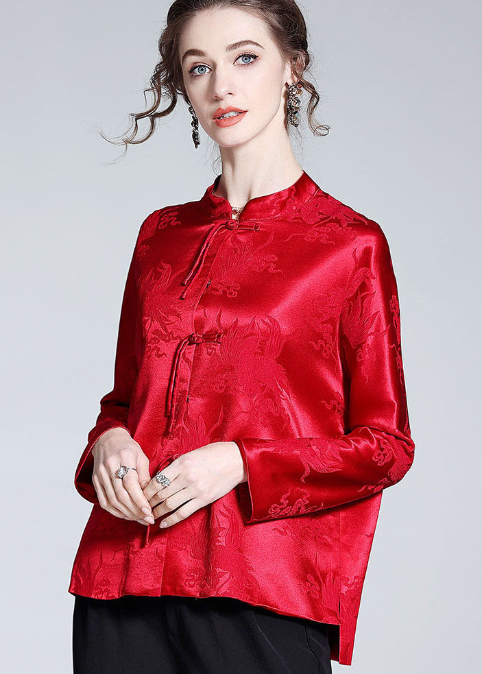 Handmade Red Tasseled Chinese Button Jacquard Patchwork Silk Shirts Spring