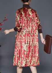 Handmade Red Turtle Neck Print Silk Velour Vacation Dresses Spring