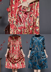 Handmade Red Turtle Neck Print Silk Velour Vacation Dresses Spring