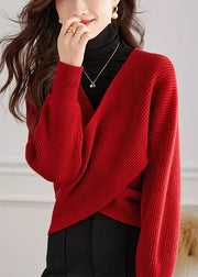 Handmade Red V Neck Cross Connection Knit Tops Spring