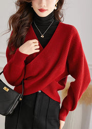 Handmade Red V Neck Cross Connection Knit Tops Spring