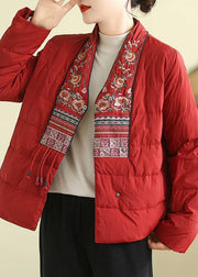 Handmade Red V Neck Embroidered Cotton Filled Parkas Winter