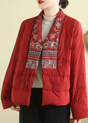 Handmade Red V Neck Embroidered Cotton Filled Parkas Winter