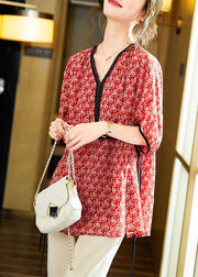 Handmade Red V Neck Lace Patchwork Print Chiffon Shirt Summer