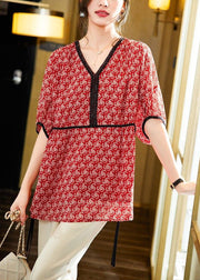 Handmade Red V Neck Lace Patchwork Print Chiffon Shirt Summer