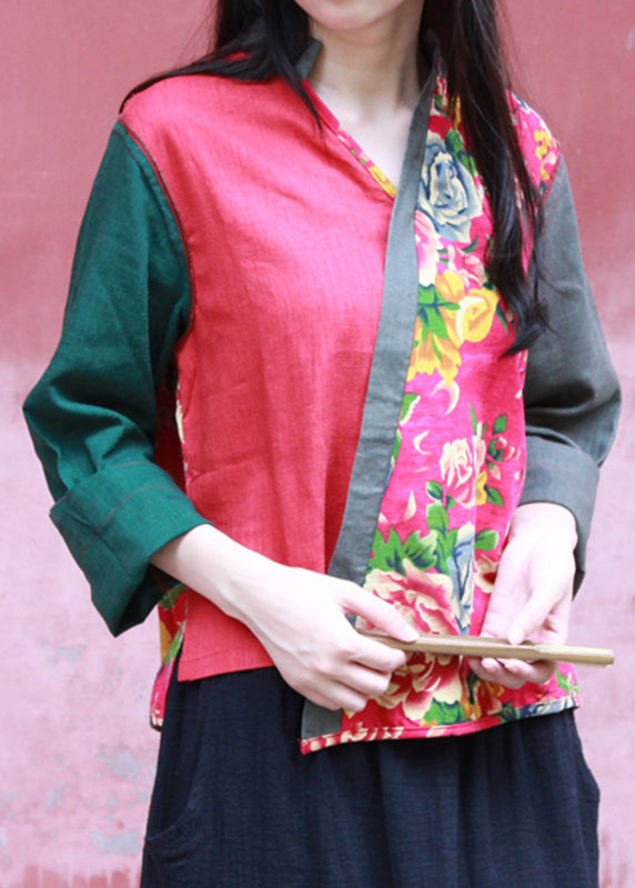 Handmade Red V Neck Patchwork Top Spring