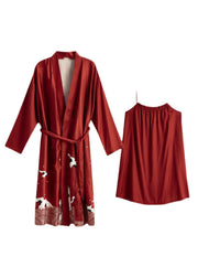 Handmade Red V Neck Print Tie Waist Ice Silk Robe And Vest Two Piece Set Spring