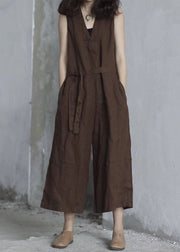 Handmade Red V Neck Tie Waist Linen Jumpsuit Sleeveless