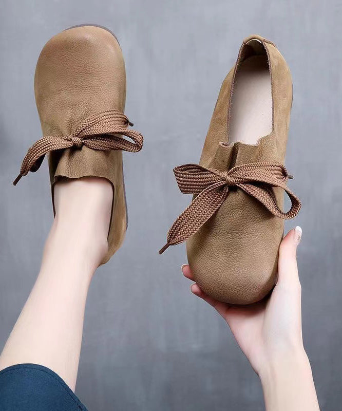 Handmade Retro Coffee Cowhide Leather Flats Shoes