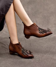 Handmade Retro Coffee Cowhide Leather Pointed Toe Ankle Boots