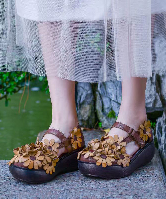 Handmade Retro Cowhide Leather Sandals Splicing Floral