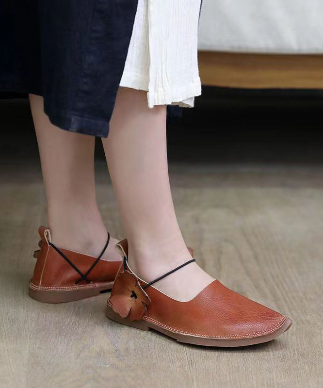 Handmade Retro Floral Flat Shoes For Women Brown Cowhide Leather