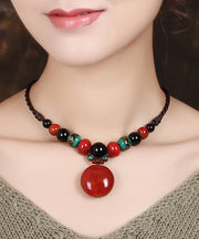 Handmade Retro Patchwork Red Jade Pendant Necklace