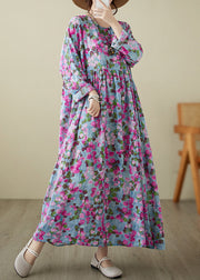 Handmade Rose O-Neck Print Wrinkled Long Dresses Spring