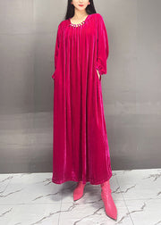 Handmade Rose O-Neck Wrinkled Velour Maxi Dresses Fall