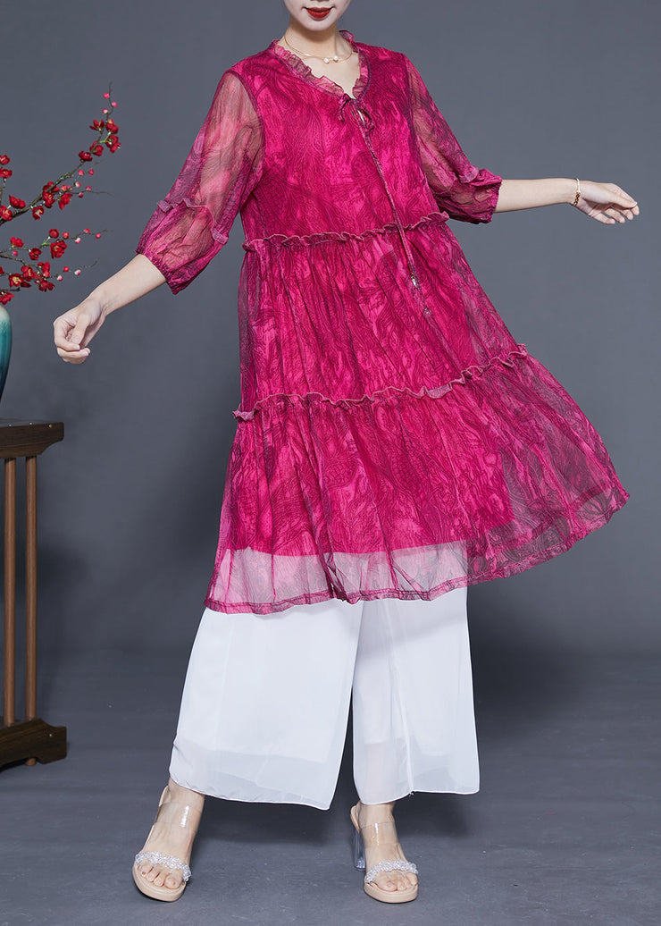 Handmade Rose Ruffled Exra Large Hem Chiffon Party Dress Half Sleeve