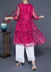 Handmade Rose Ruffled Exra Large Hem Chiffon Party Dress Half Sleeve