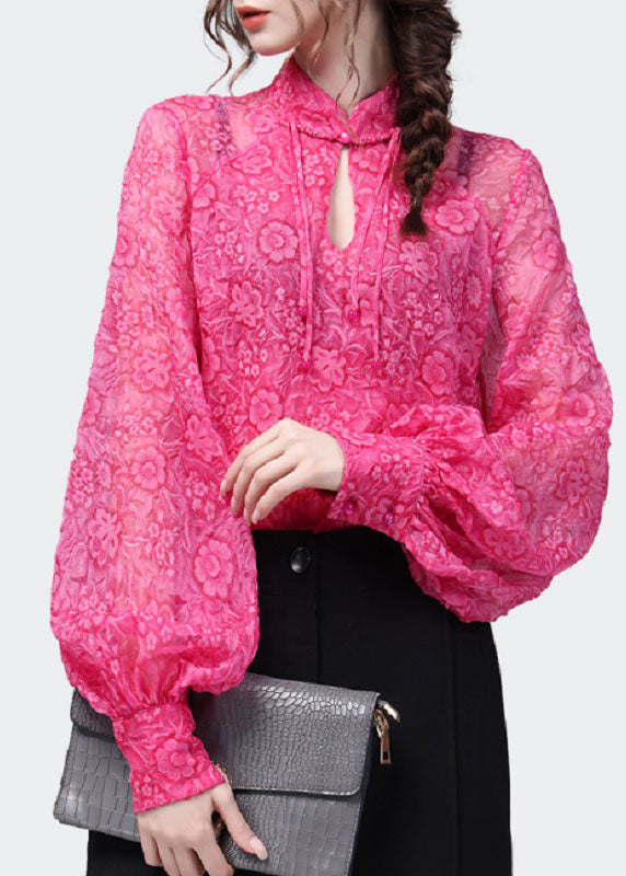 Handmade Rose Stand Collar Print Patchwork Chiffon Blouses Spring