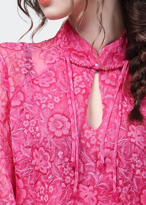 Handmade Rose Stand Collar Print Patchwork Chiffon Blouses Spring