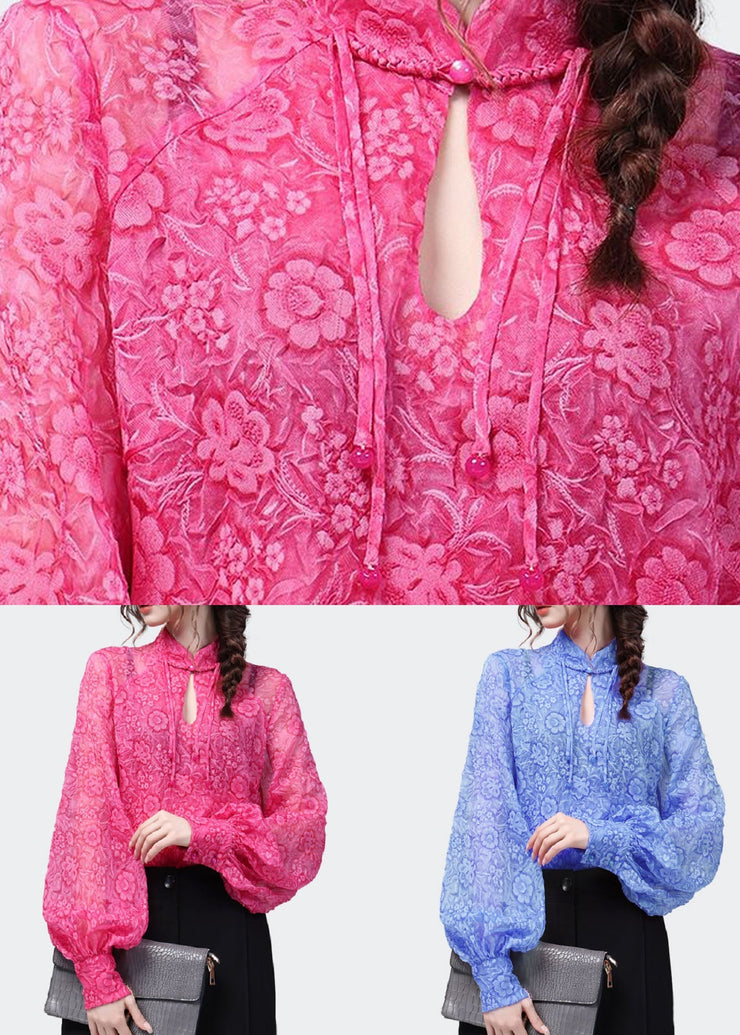 Handmade Rose Stand Collar Print Patchwork Chiffon Blouses Spring