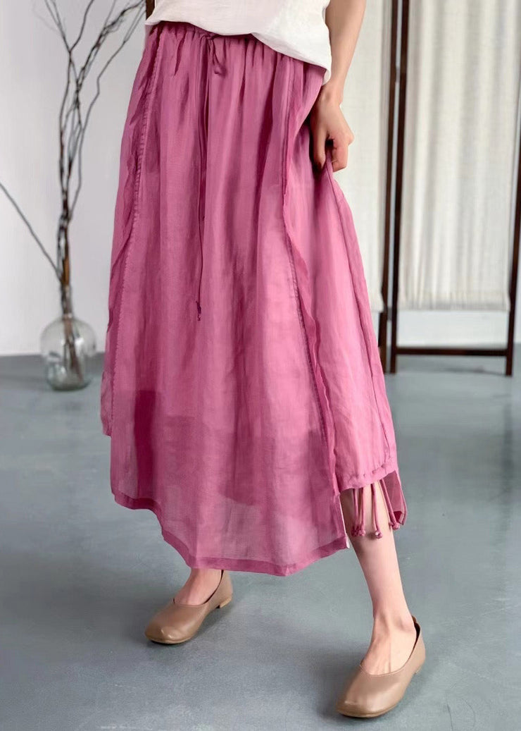 Handmade Rose Wrinkled Pockets Lace Up Elastic Waist Linen Skirt Summer