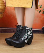 Handmade Splicing Cross Strap Chunky Boots Black Embossed Cowhide Leather