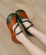 Handmade Splicing Green Flat Shoes For Women Lace Up Flats