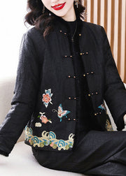 Handmade Vintage Black Embroideried Fine Cotton Filled Jacket Winter