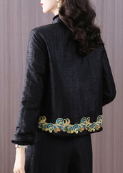 Handmade Vintage Black Embroideried Fine Cotton Filled Jacket Winter