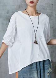 Handmade White Asymmetrical Patchwork Cotton Top Half Sleeve