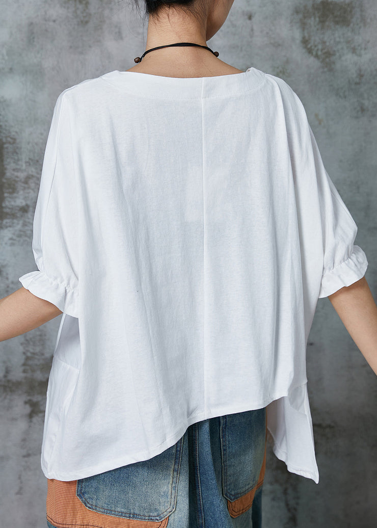 Handmade White Asymmetrical Patchwork Cotton Top Half Sleeve