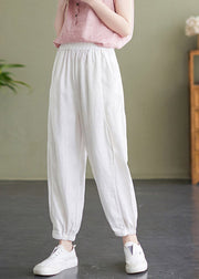 Handmade White Elastic Waist Solid Beam Pants Summer