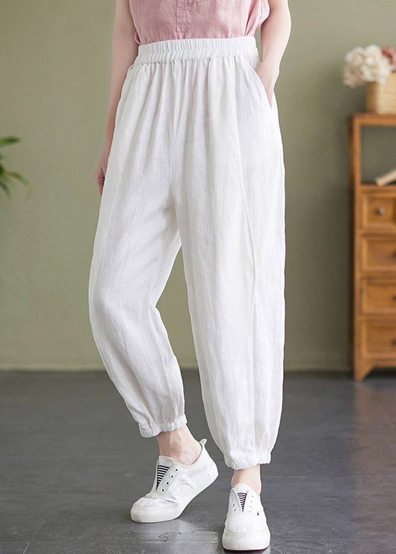 Handmade White Elastic Waist Solid Beam Pants Summer