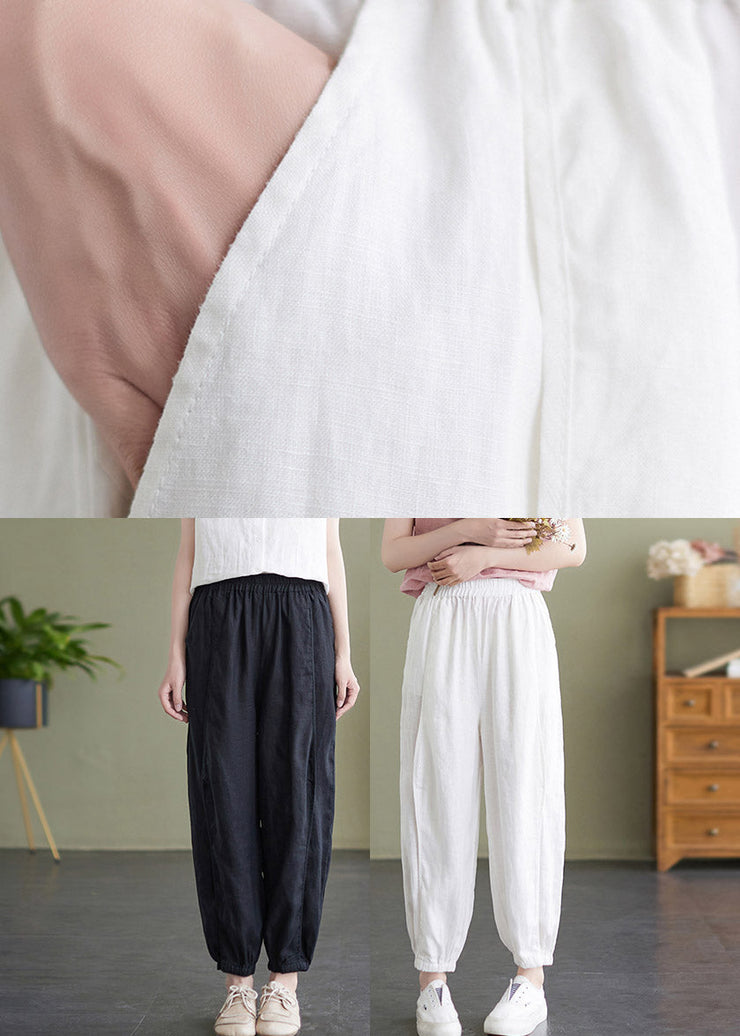 Handmade White Elastic Waist Solid Beam Pants Summer