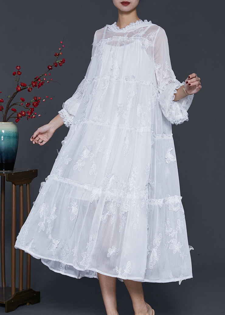 Handmade White Embroidered Oversized Lace Dresses Flare Sleeve