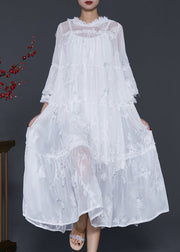 Handmade White Embroidered Oversized Lace Dresses Flare Sleeve