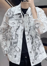 Handmade White Embroideried Button Tulle Men Coat Long Sleeve