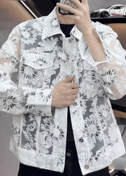 Handmade White Embroideried Button Tulle Men Coat Long Sleeve