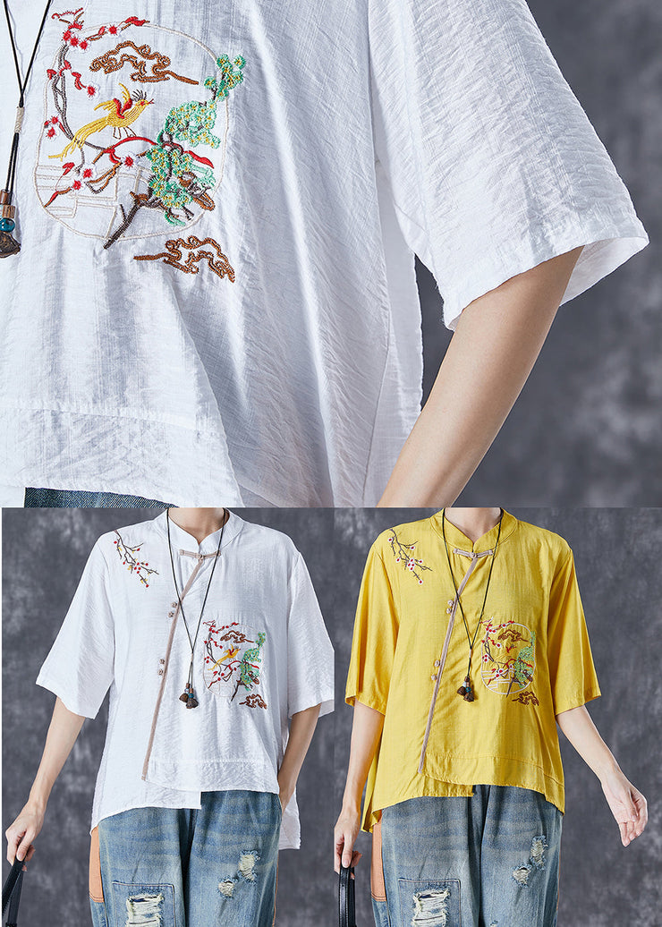 Handmade White Embroideried Patchwork Linen Blouses Summer