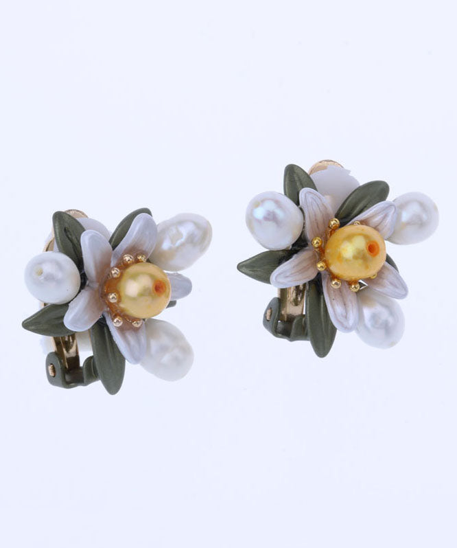 Handmade White Flower Metal Pearl Stud Earrings