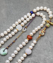 Handmade White Jade Pearl Agate Beading Tassel Sweater Lariat Necklace