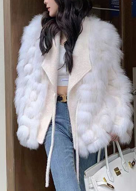 Handmade White Notched Patchwork Tie Waist Mink Hair Knitted Coat Winter