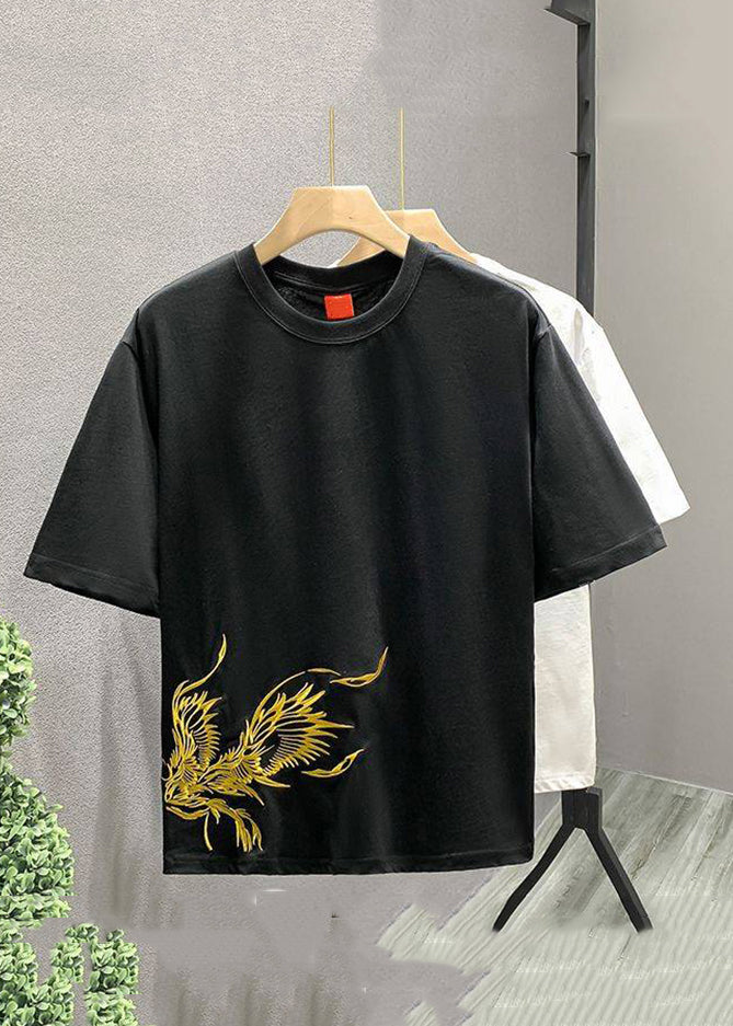 Handmade White O-Neck Embroideried Cotton T Shirts Men Summer