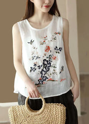 Handmade White O Neck Embroideried Patchwork Linen Tops Summer