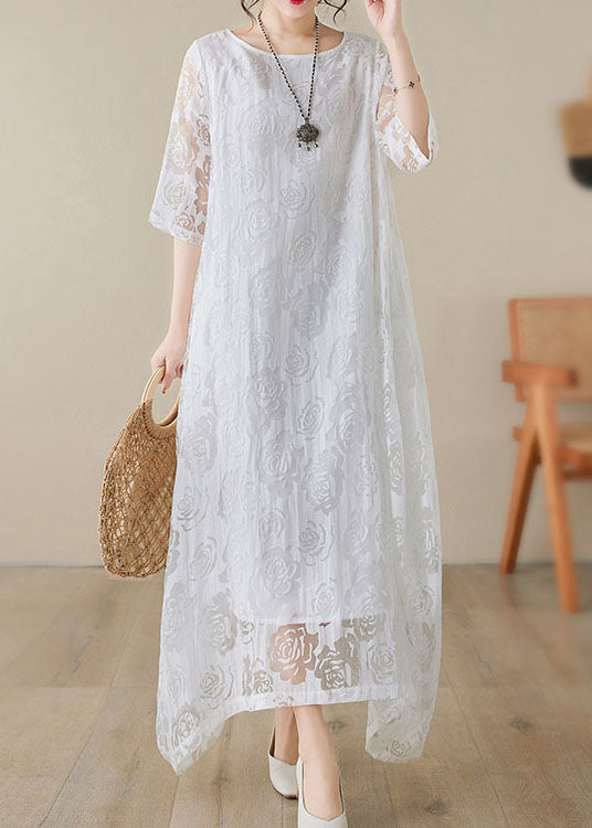 Handmade White O Neck Hollow Out Lace Dress Summer