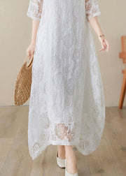 Handmade White O Neck Hollow Out Lace Dress Summer