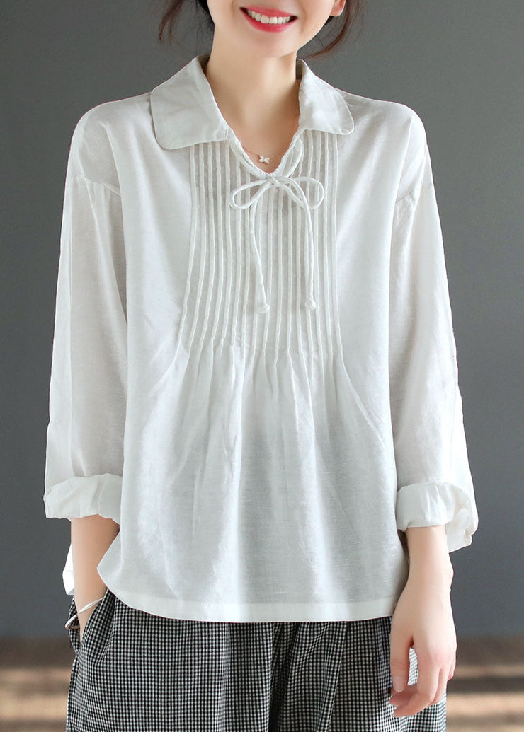 Handmade White Peter Pan Collar Patchwork Cotton Shirt Tops Long Sleeve