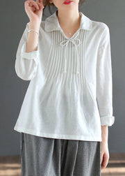 Handmade White Peter Pan Collar Patchwork Cotton Shirt Tops Long Sleeve