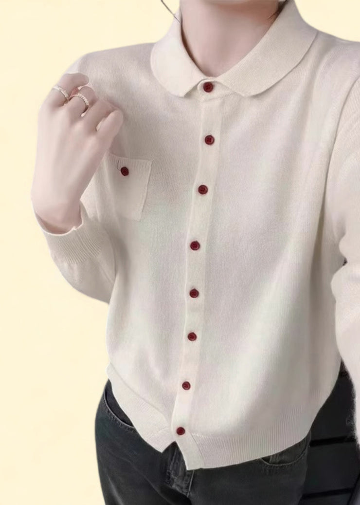 Handmade White Peter Pan Collar Pockets Solid Cotton Knitted Cardigans Fall