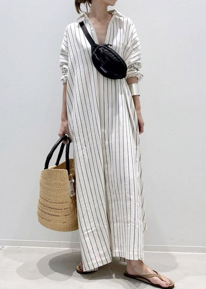 Handmade White Peter Pan Collar Striped Cotton Long Shirts Dresses Spring